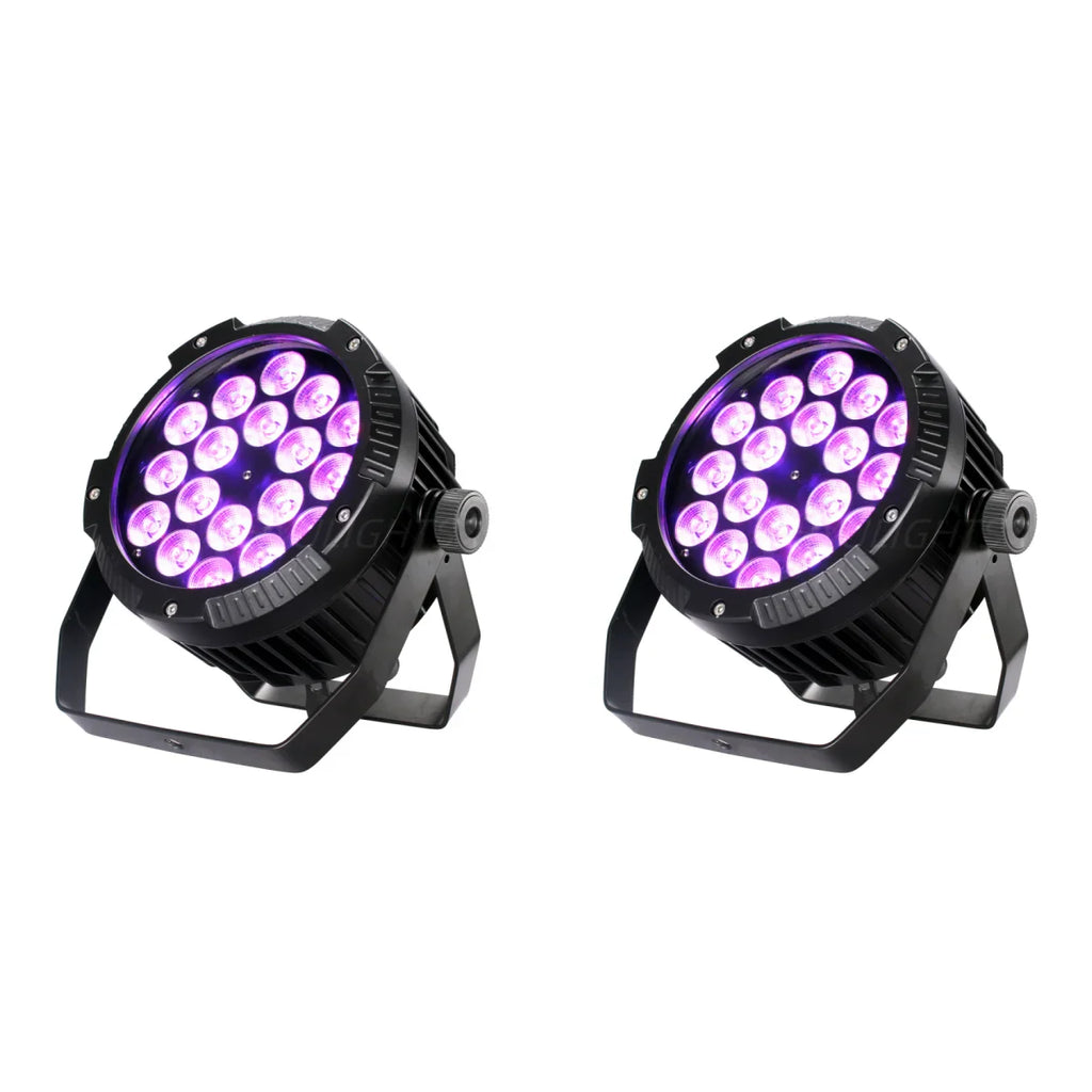 Two black outdoor stage lights with RGBWA UV LED lenses and mounting brackets