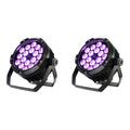 Two black outdoor stage lights with RGBWA UV LED lenses and mounting brackets