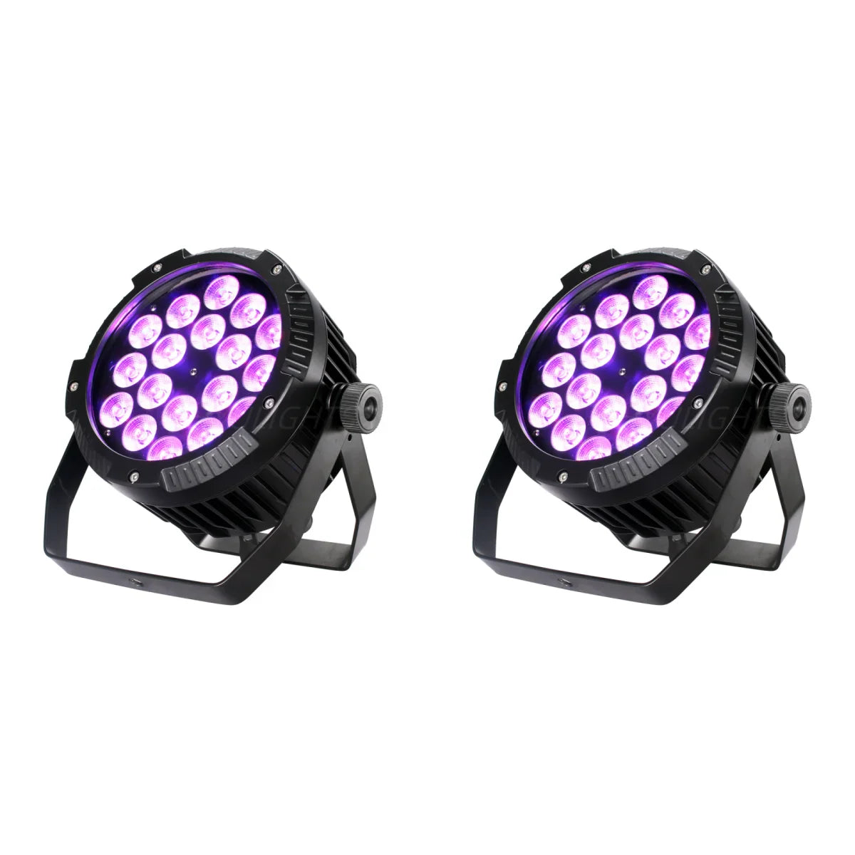 Two black outdoor stage lights with RGBWA UV LED lenses and mounting brackets