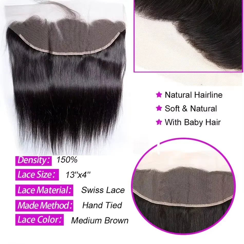 13x4 straight black human hair lace frontal closure with technical specifications.