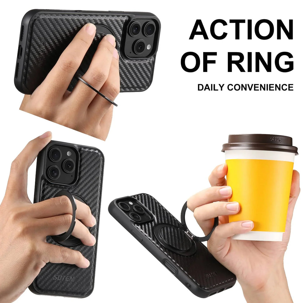 Black carbon fiber-style protective phone case with a built-in circular magnetic kickstand ring – view 3
