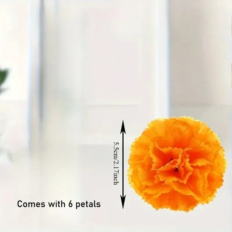 A single orange artificial marigold flower with size measurements and text
