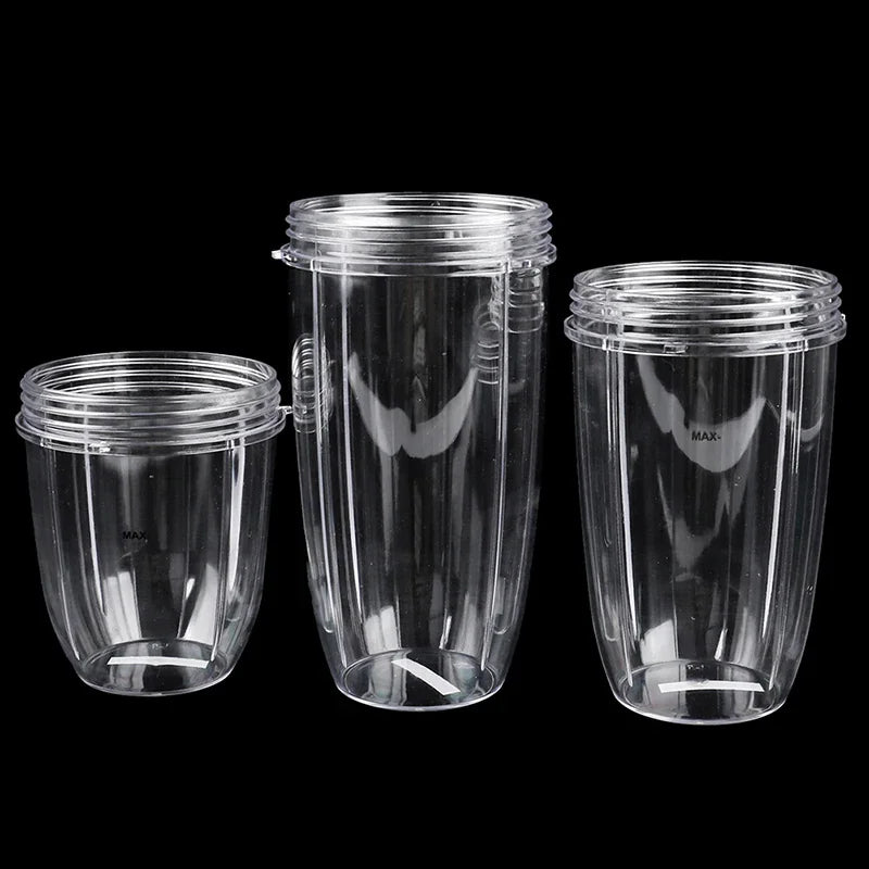 Three different sizes of clear plastic replacement blender cups for bullet-style juicers.