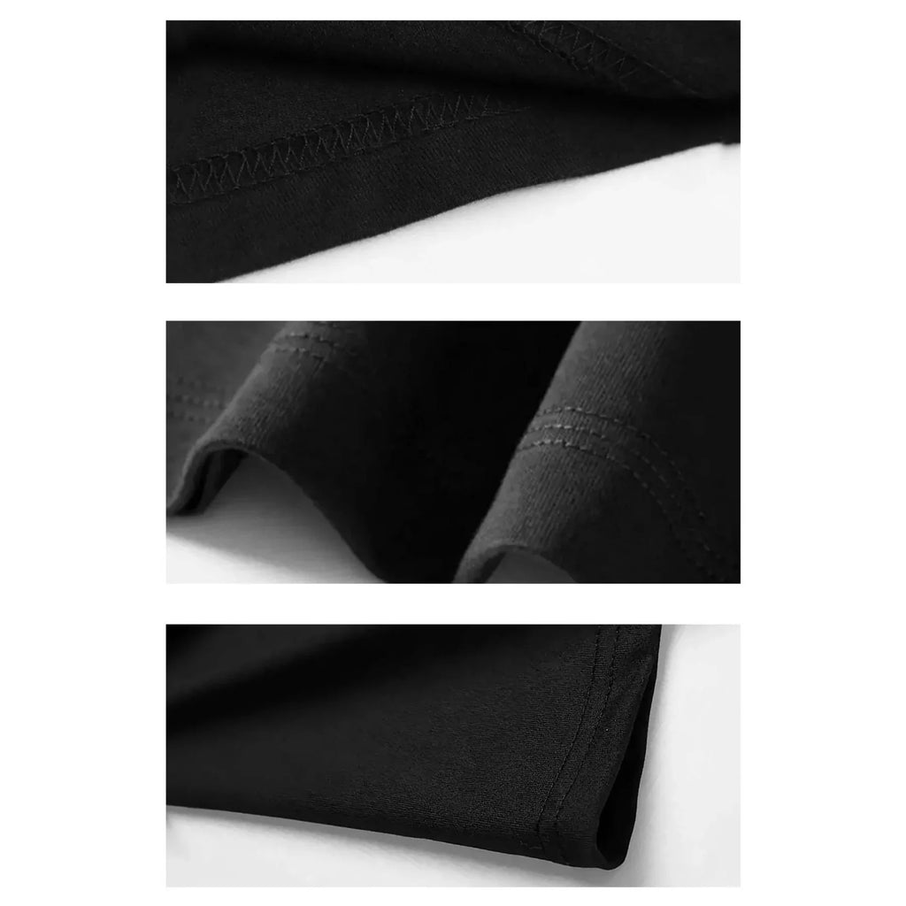 Close-up detail shots showing the stitching and hem of a black t-shirt