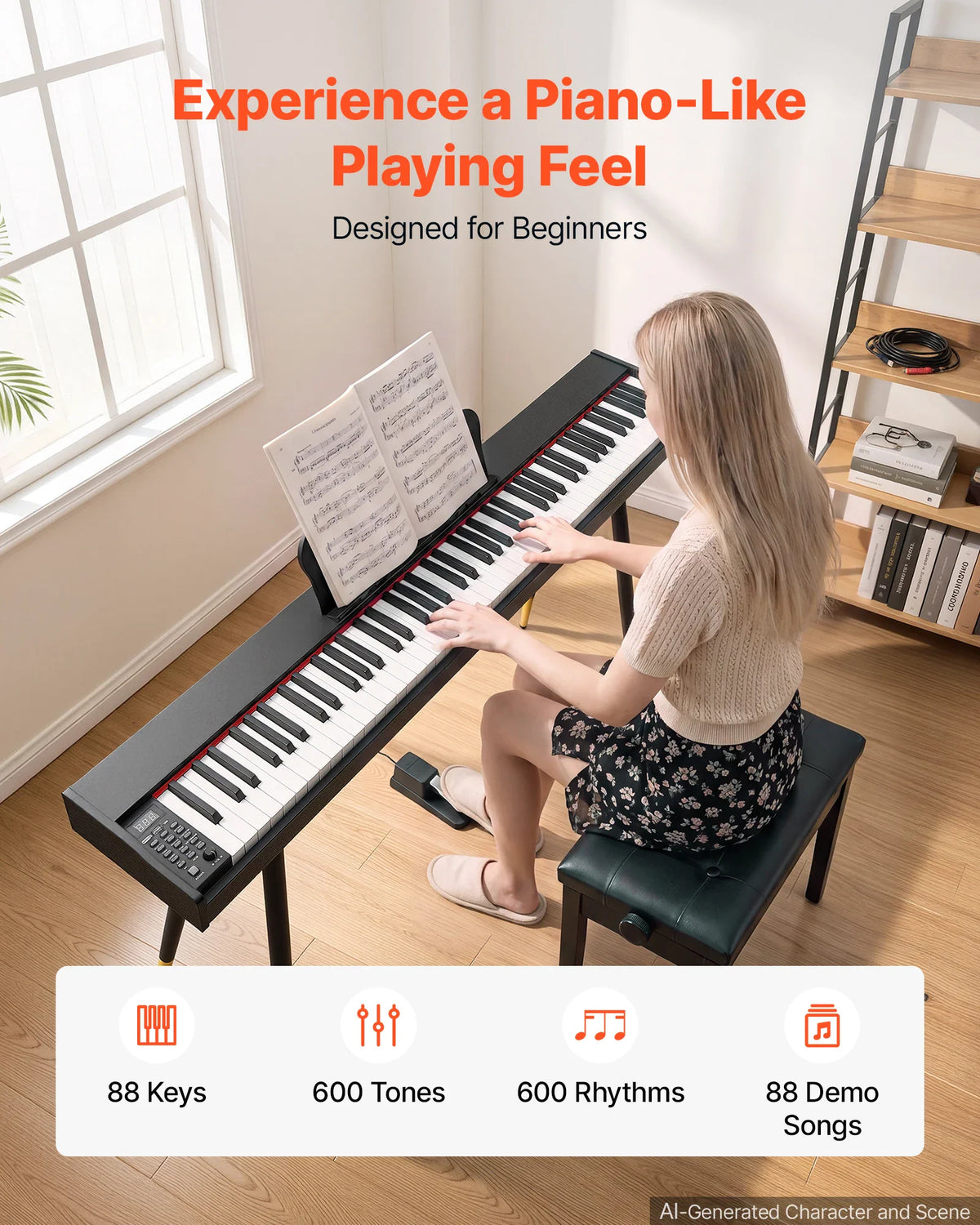 Young woman playing a black 88-key digital piano in a bright room