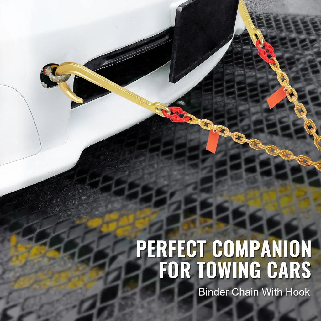 Car towing chains with J-hooks attached to the front of a white vehicle