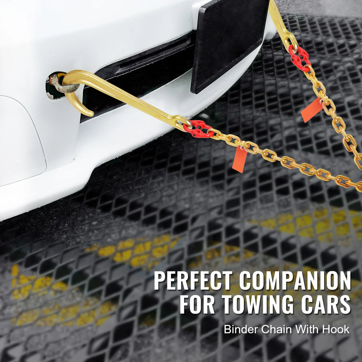 Car towing chains with J-hooks attached to the front of a white vehicle