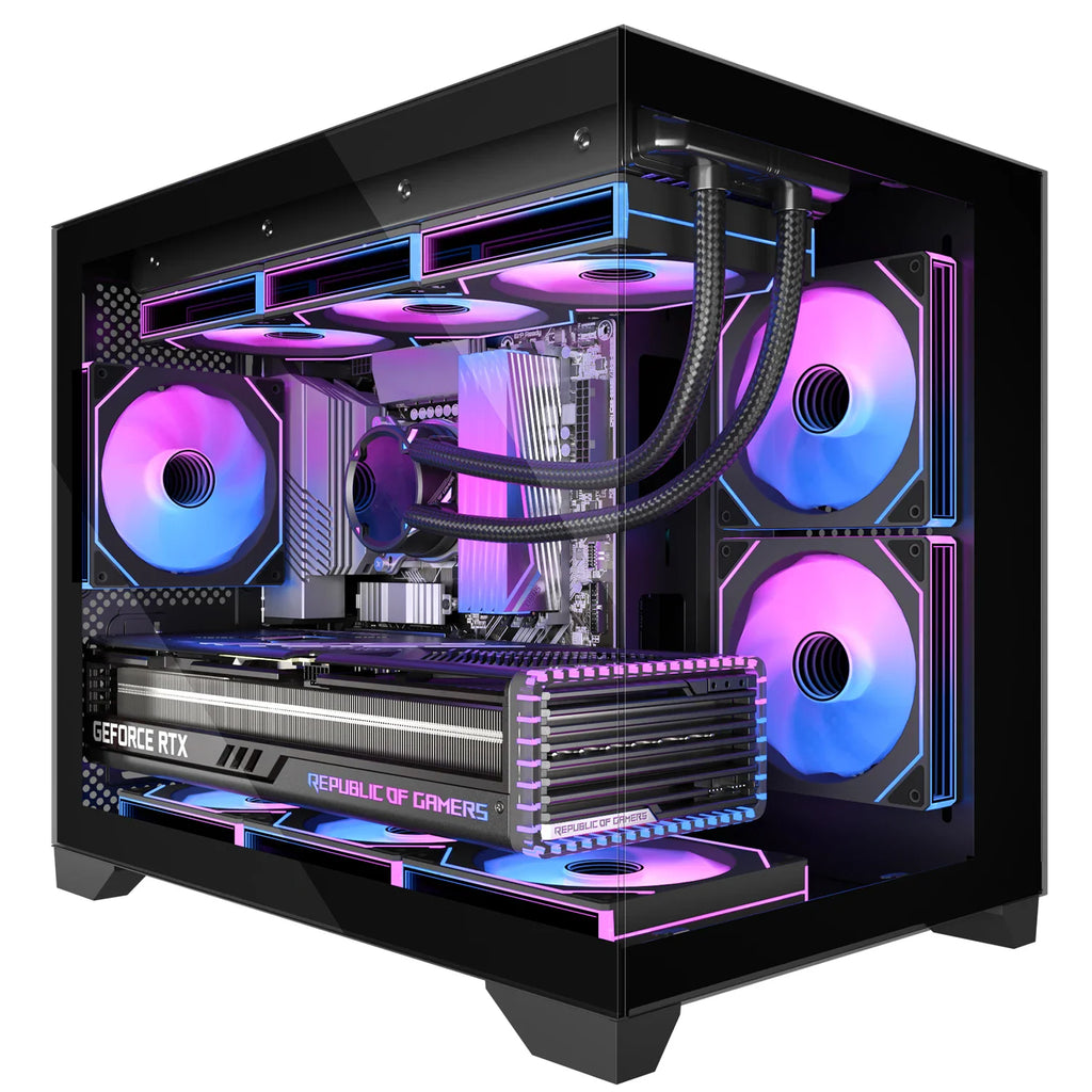 Black Micro-ATX gaming PC case with panoramic tempered glass panels and internal ARGB fans. – Black