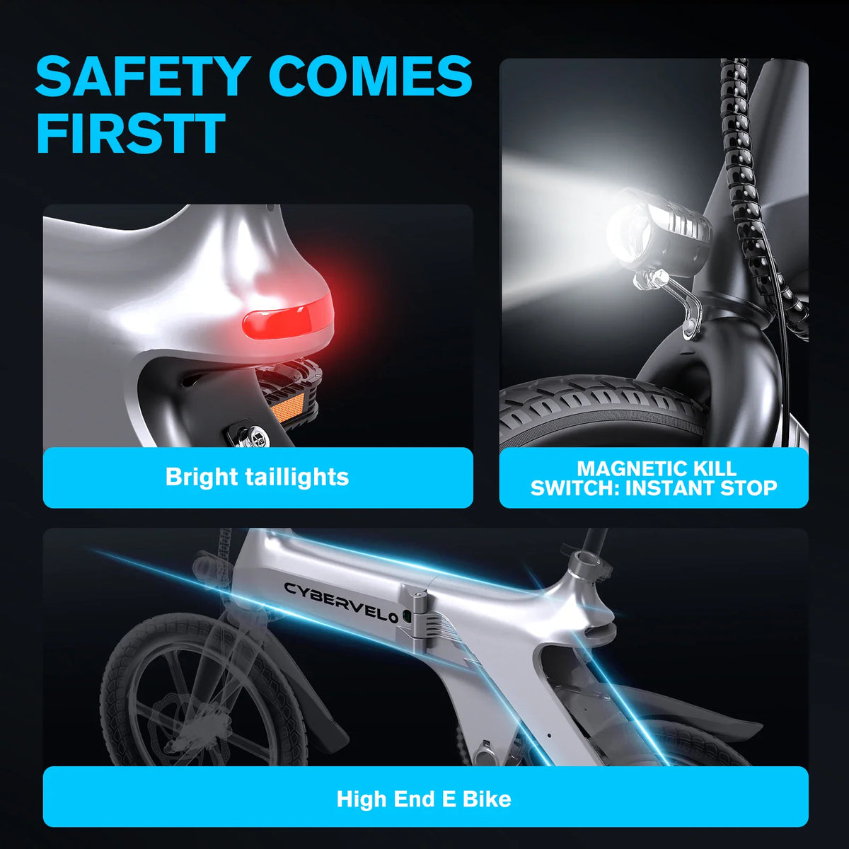 Safety features of an electric bike including lights and switch