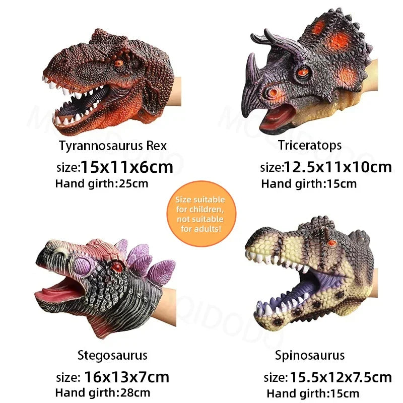 Four different dinosaur hand puppets including Tyrannosaurus Rex, Triceratops, Stegosaurus, and Spinosaurus with sizes.