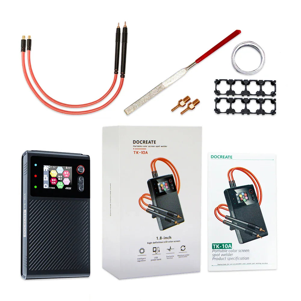 A set of spot welding equipment including the main unit, welding pens, accessories, and a product box.