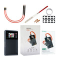 A set of spot welding equipment including the main unit, welding pens, accessories, and a product box.