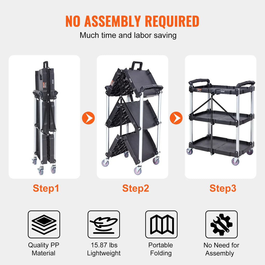 Three-step diagram showing the folding mechanism of the utility cart, with icons for material and assembly features