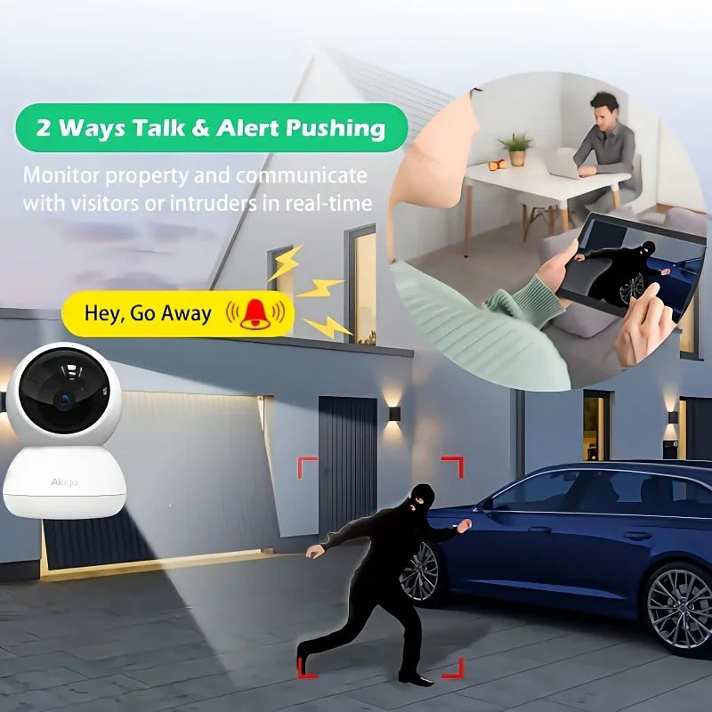 Security camera for home with 2-way audio communication and alarm features