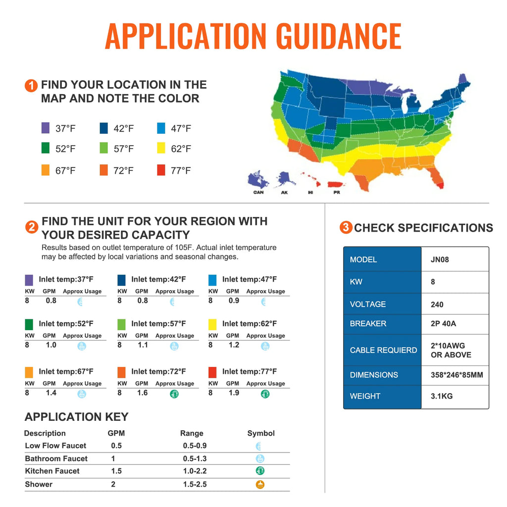 Technical application guidance and specifications chart for an electric water heater with US map