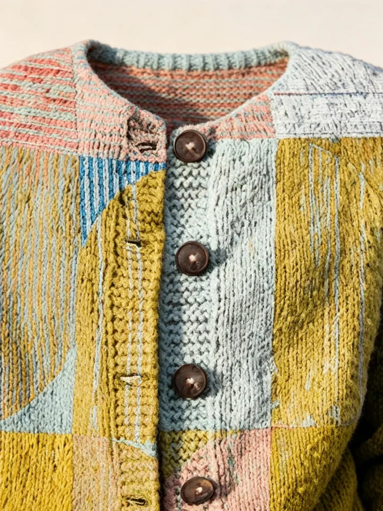 Close up of the front of a multi-colored button-up knit cardigan sweater
