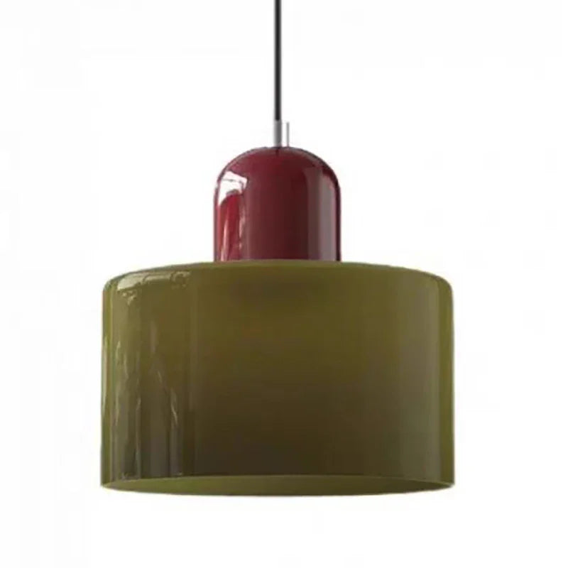 Modern olive green glass pendant light with wine red cap