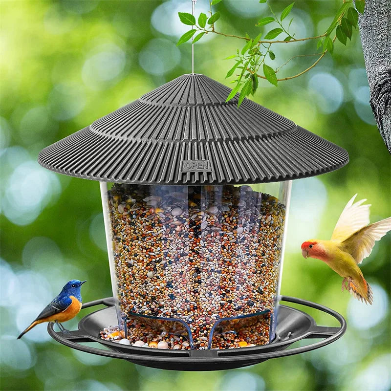 Hanging gazebo-style wild bird feeder in plastic, available in green, gray, or brown