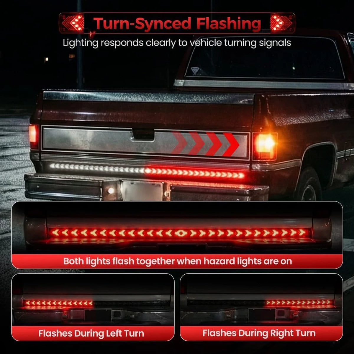 LED tailgate light bar displaying turn signal and hazard light functions on a pickup truck