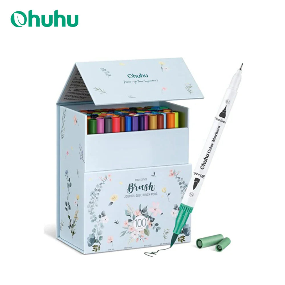 Ohuhu dual-tip art markers arranged in a set, showing various color options and pen tips.