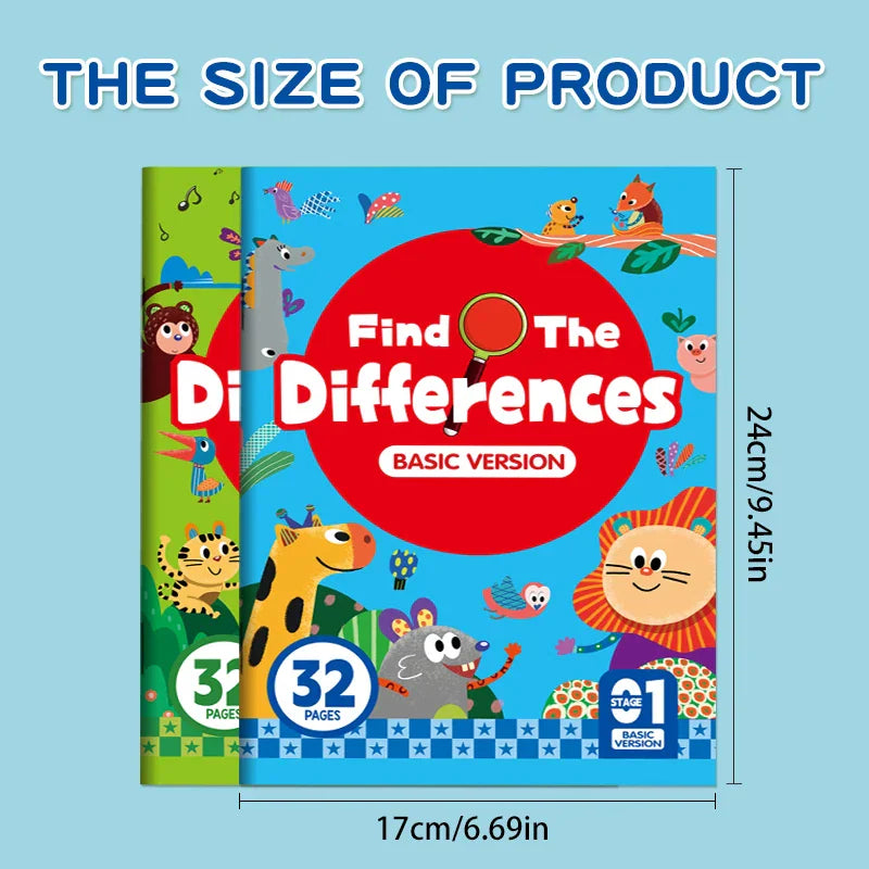 A diagram showing the dimensions of the activity book, 24cm by 17cm, with a colorful illustration of animals on the cover.