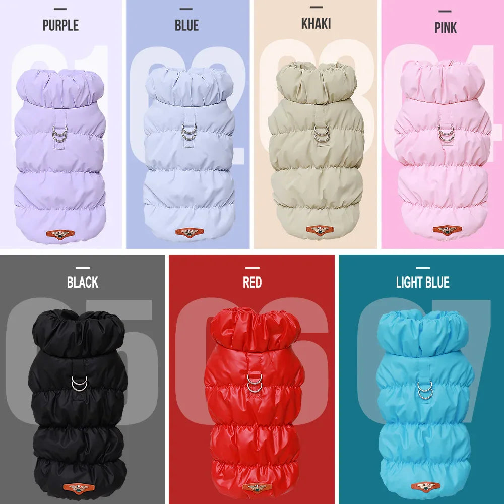 A chart showing various colors of quilted winter vests for small dogs