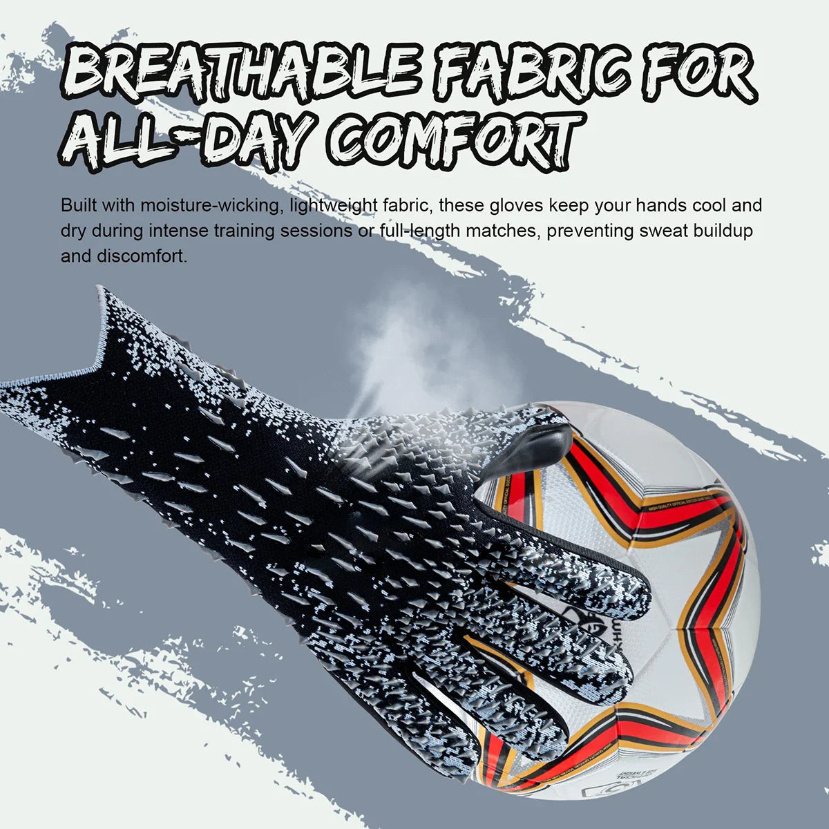 Breathable soccer goalkeeper glove catching a soccer ball