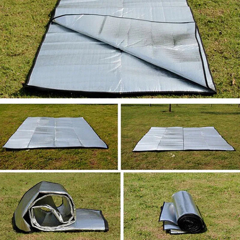 Various folding and unfolded views of a silver camping mat on grass