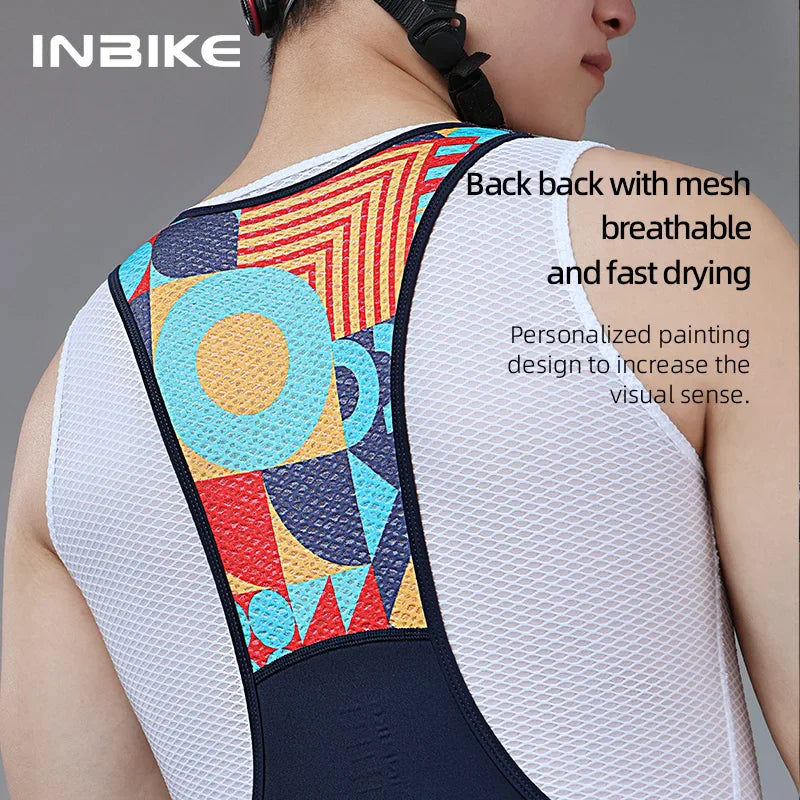 Close-up of the back of men's cycling bib shorts with white breathable mesh panel and patterned straps