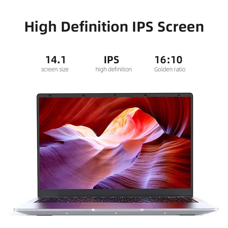 A front view of a thin silver laptop showing the screen and technical specifications like size and aspect ratio.