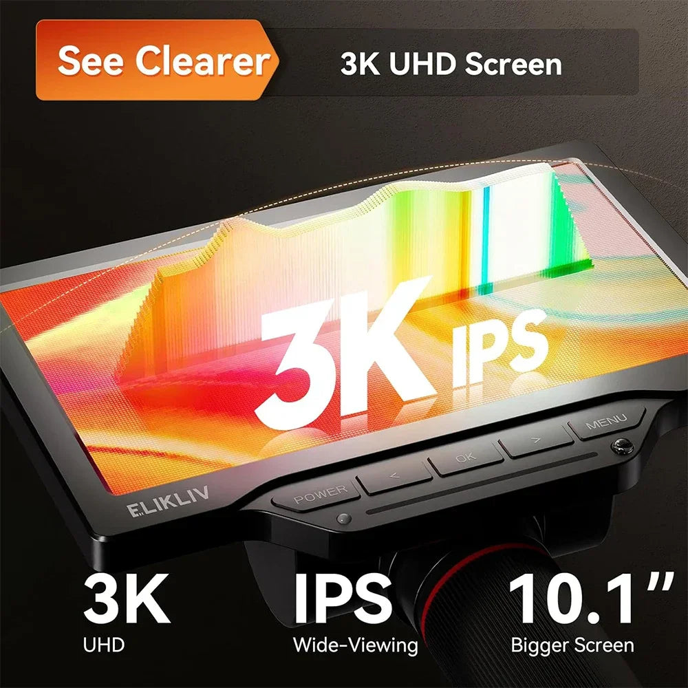 10.1 inch digital microscope screen with 3K UHD resolution showing electronic detail.