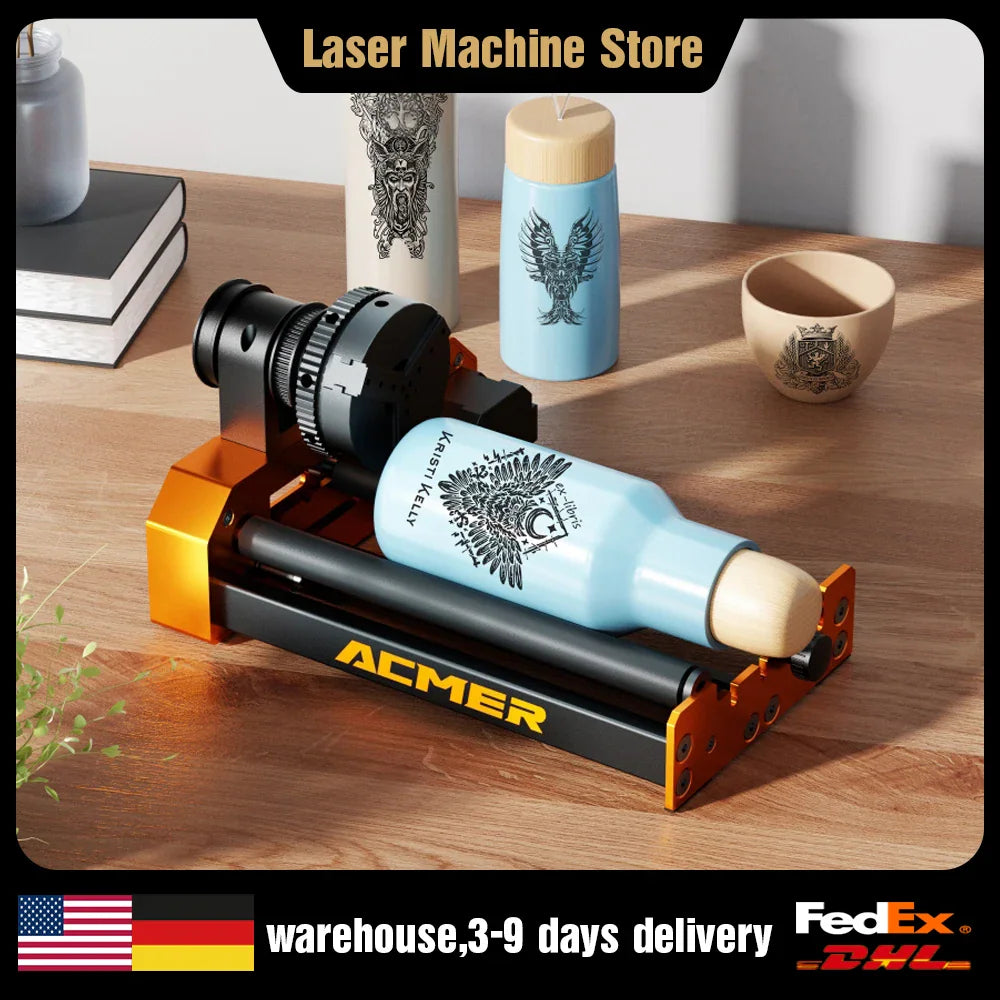Rotary chuck laser engraving tool with a bottle in a workshop setting.