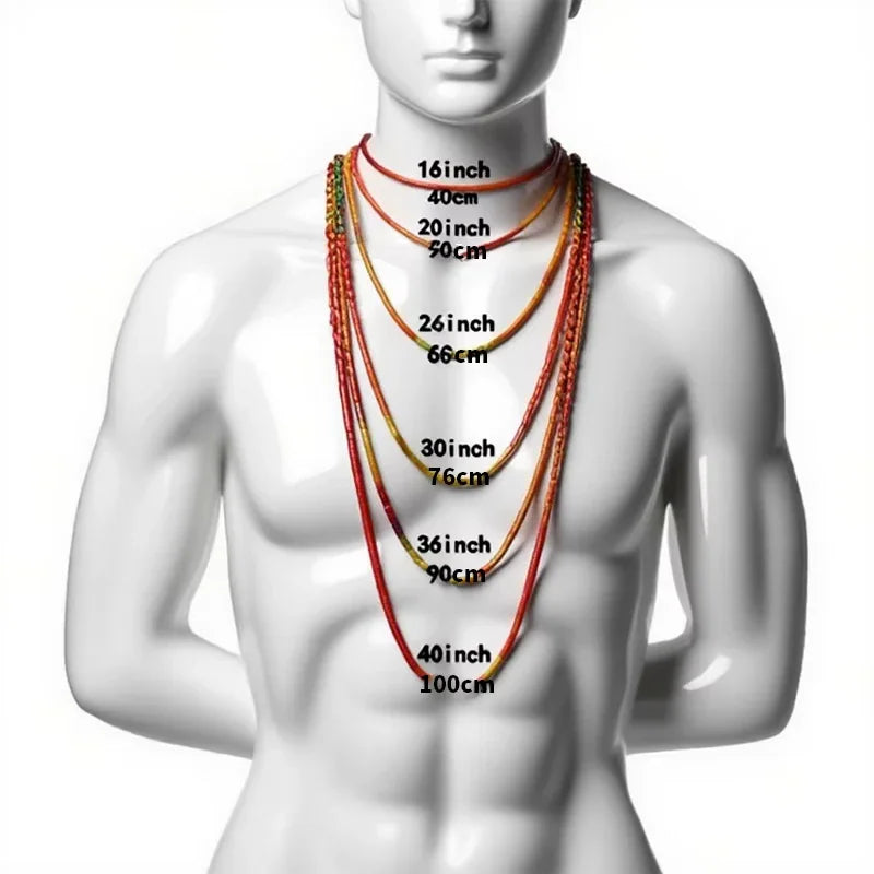 Necklace chain length size guide on a male mannequin torso