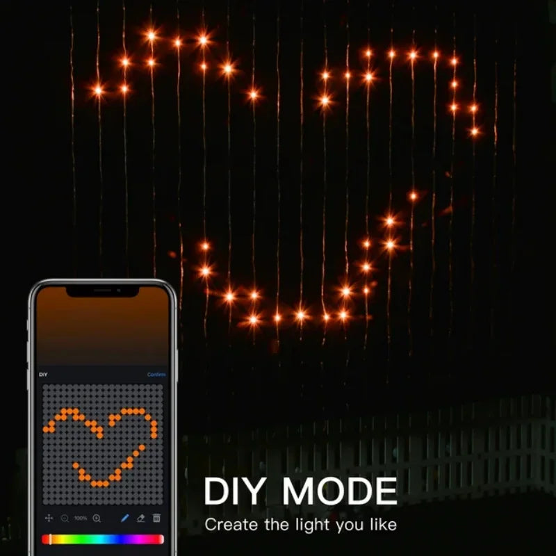 Smartphone app controlling heart-shaped light patterns on LED curtain strings for custom DIY decorations