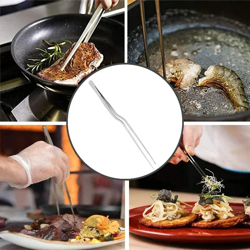 Collage of stainless steel cooking tweezers used in various culinary tasks
