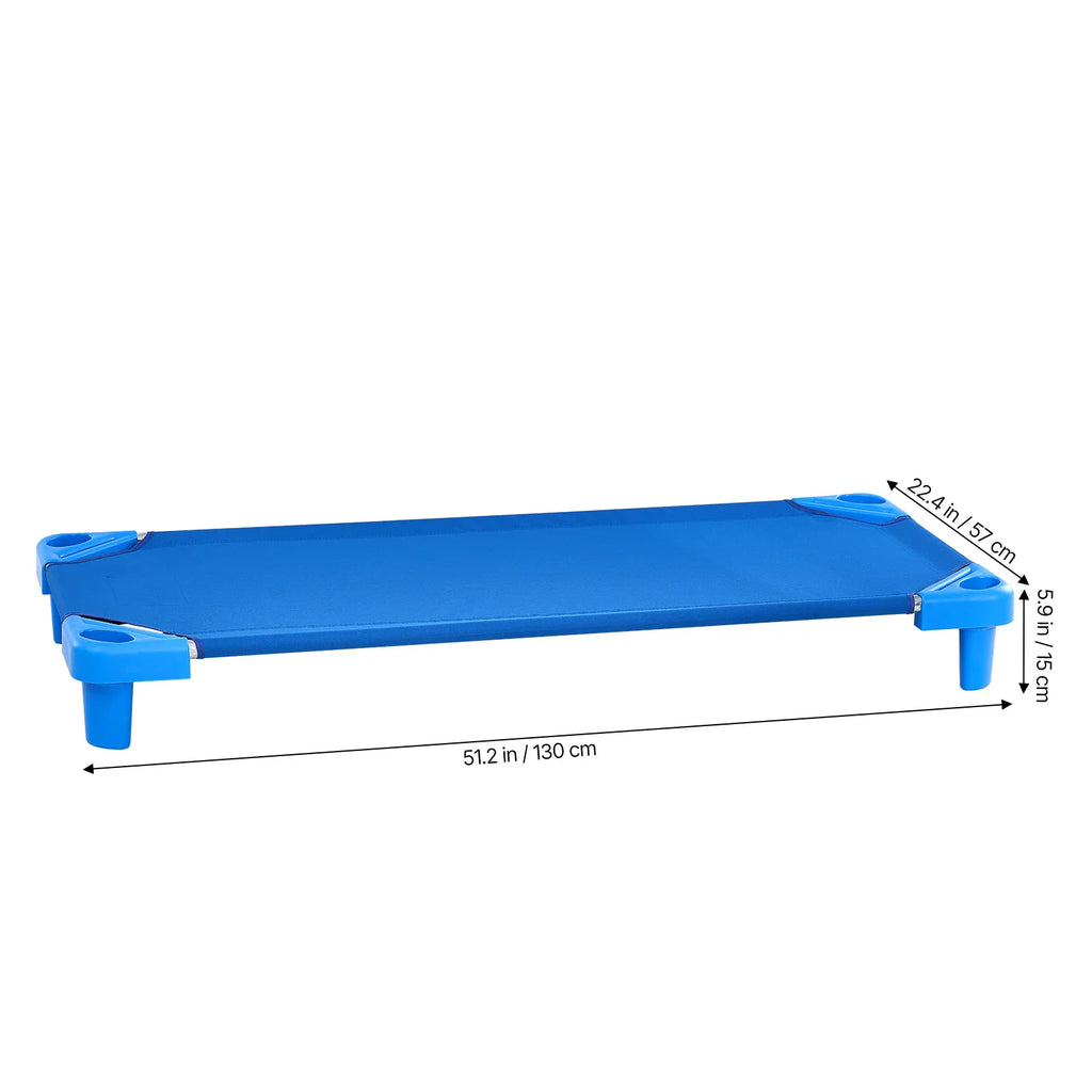 A single blue toddler nap cot with dimension labels for length, width, and height