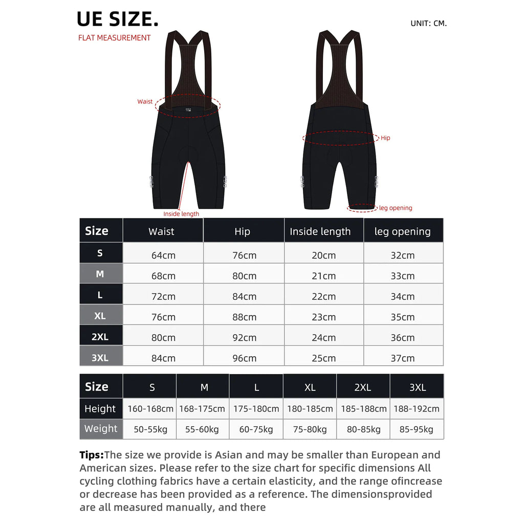 A sizing chart table for cycling bib shorts including measurements for waist, hip, leg length, height, and weight.