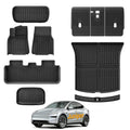 Set of black TPE all-weather floor mats including trunk and frunk liners for a 5-seater electric car