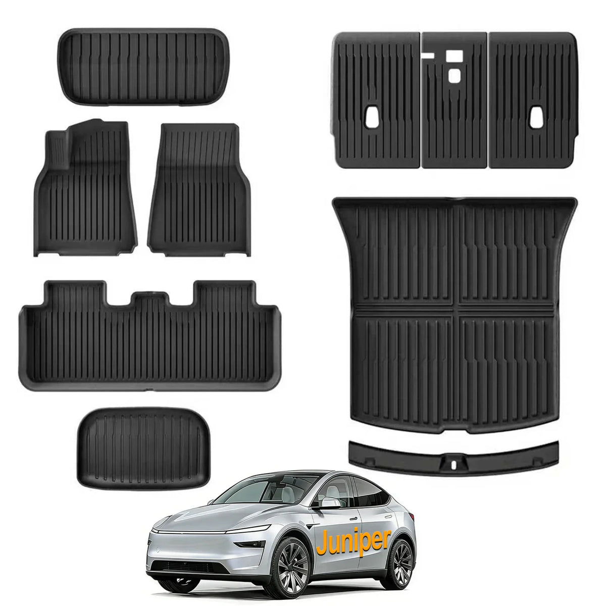 Set of black TPE all-weather floor mats including trunk and frunk liners for a 5-seater electric car