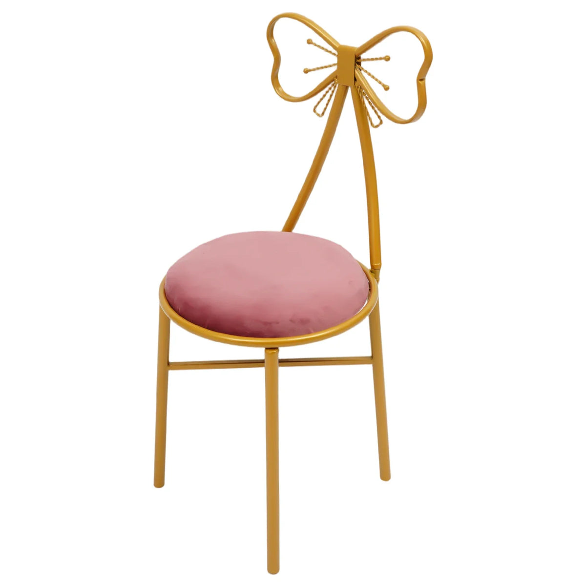 A pink velvet vanity chair featuring a gold metal butterfly-shaped backrest on white background.