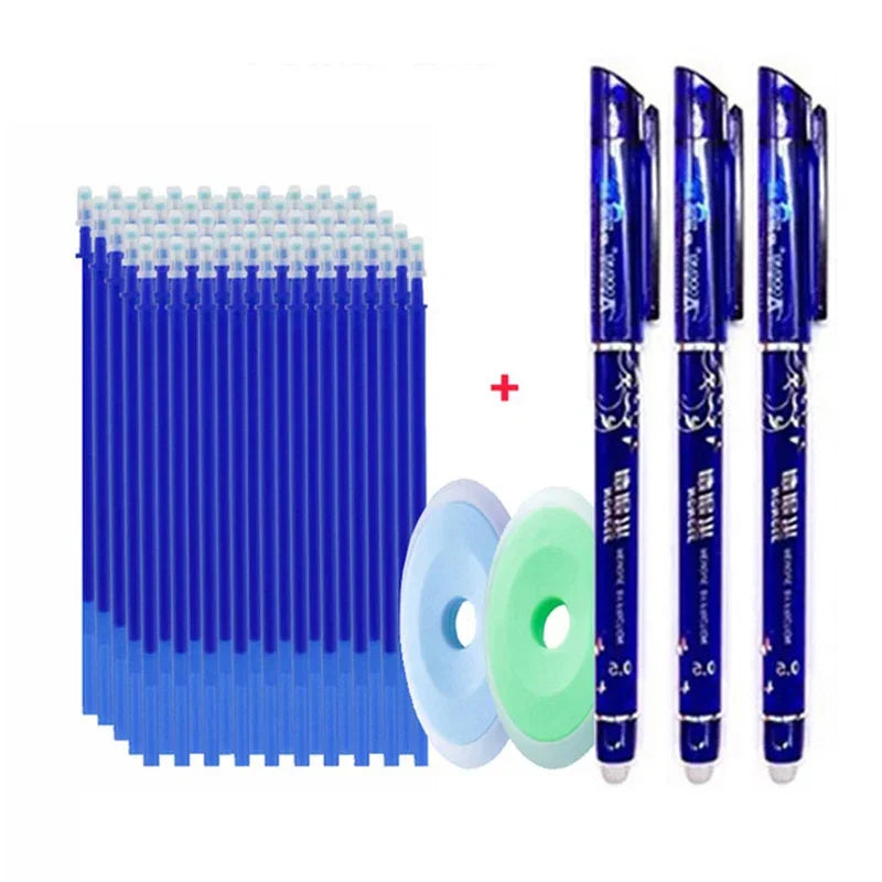 Set of erasable blue gel pens, ink refills, and circular erasers