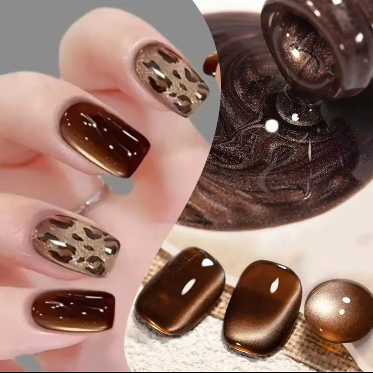 A woman's hand with brown cat eye nails and leopard print accents, alongside liquid gel polish.