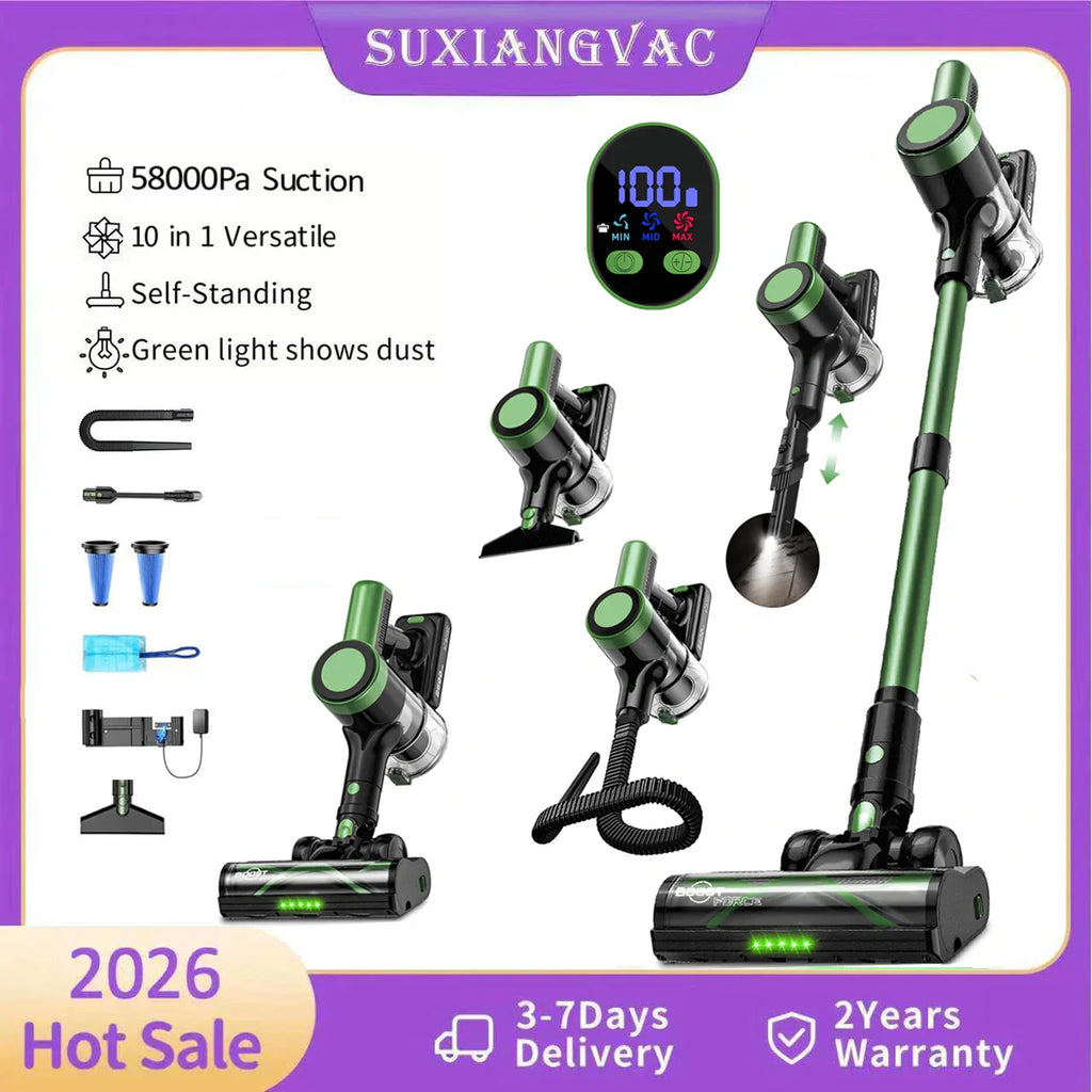 Green and black cordless stick vacuum cleaner with accessories and smart display showing suction power features.