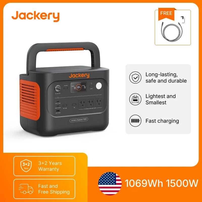 Jackery Explorer 1000 v2 portable power station with a foldable handle and included 5M extension cord