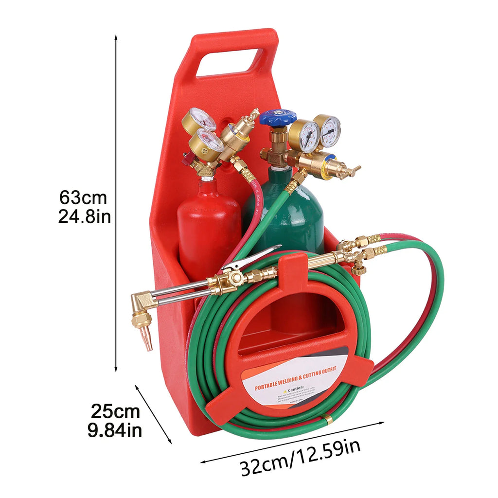 Portable oxygen acetylene welding and cutting kit with dimension labels