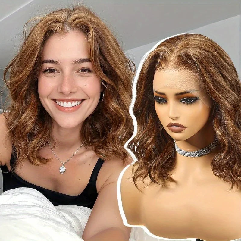 Smiling woman wearing a wavy honey brown wig next to the same wig on a mannequin