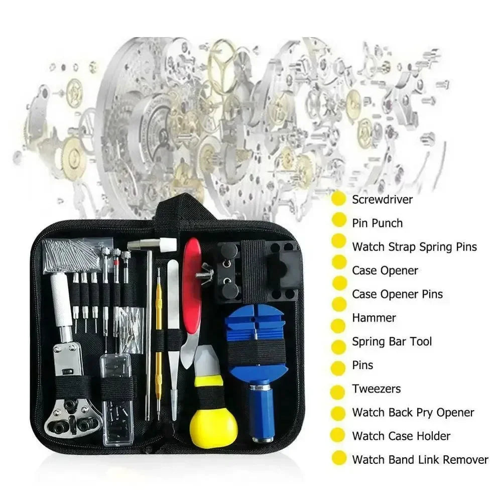 Watch repair tool kit with labelled items for maintenance, opening cases, and adjusting straps
