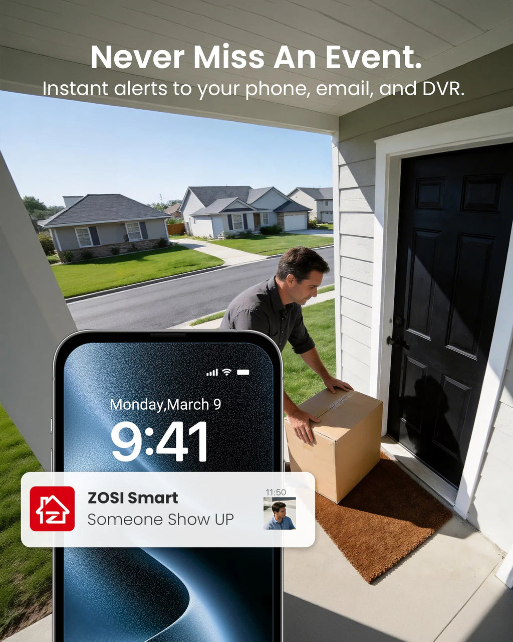 A delivery man placing a package at a front door with a phone displaying a smart security alert notification.