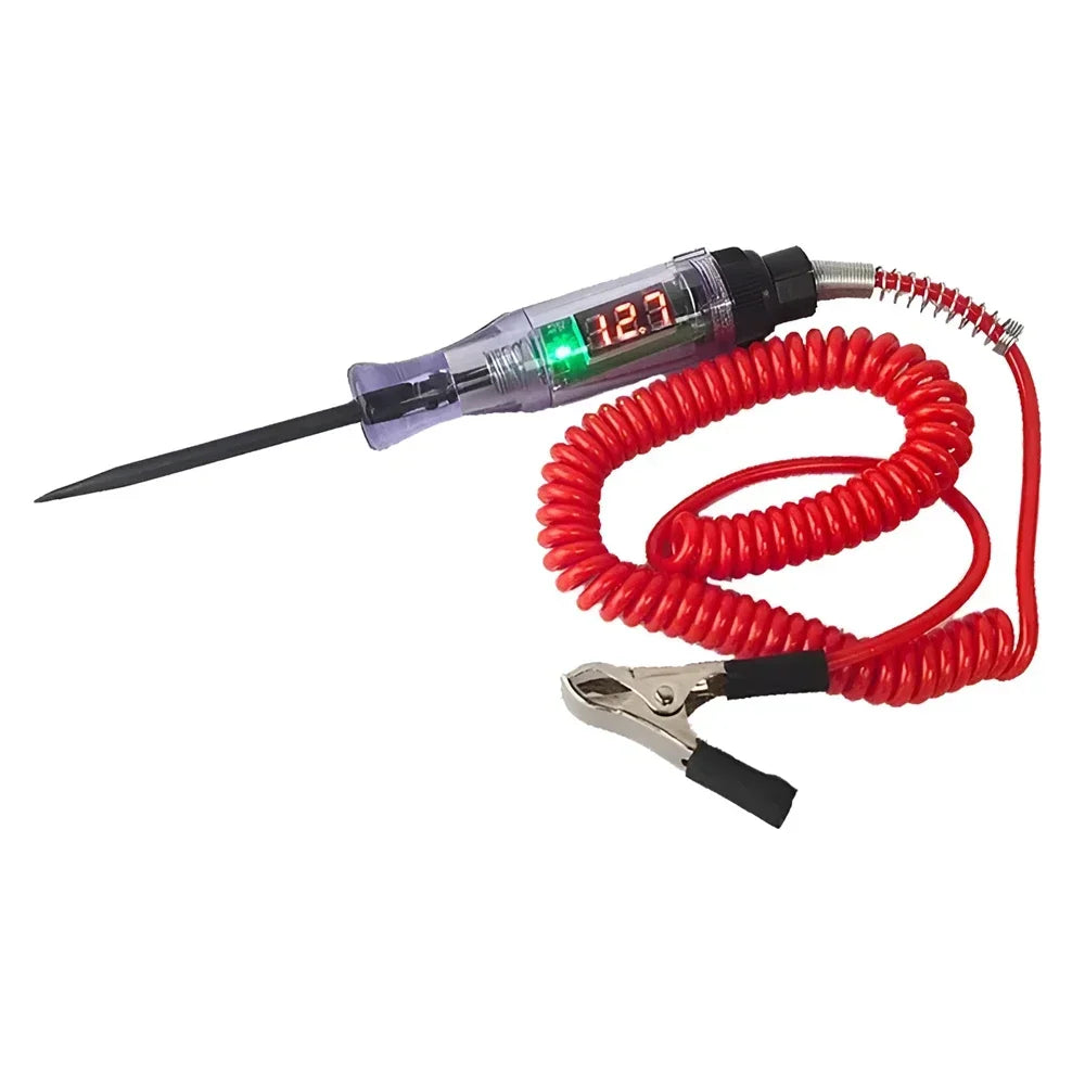Digital automotive circuit tester voltage probe with red coiled wire and clamp