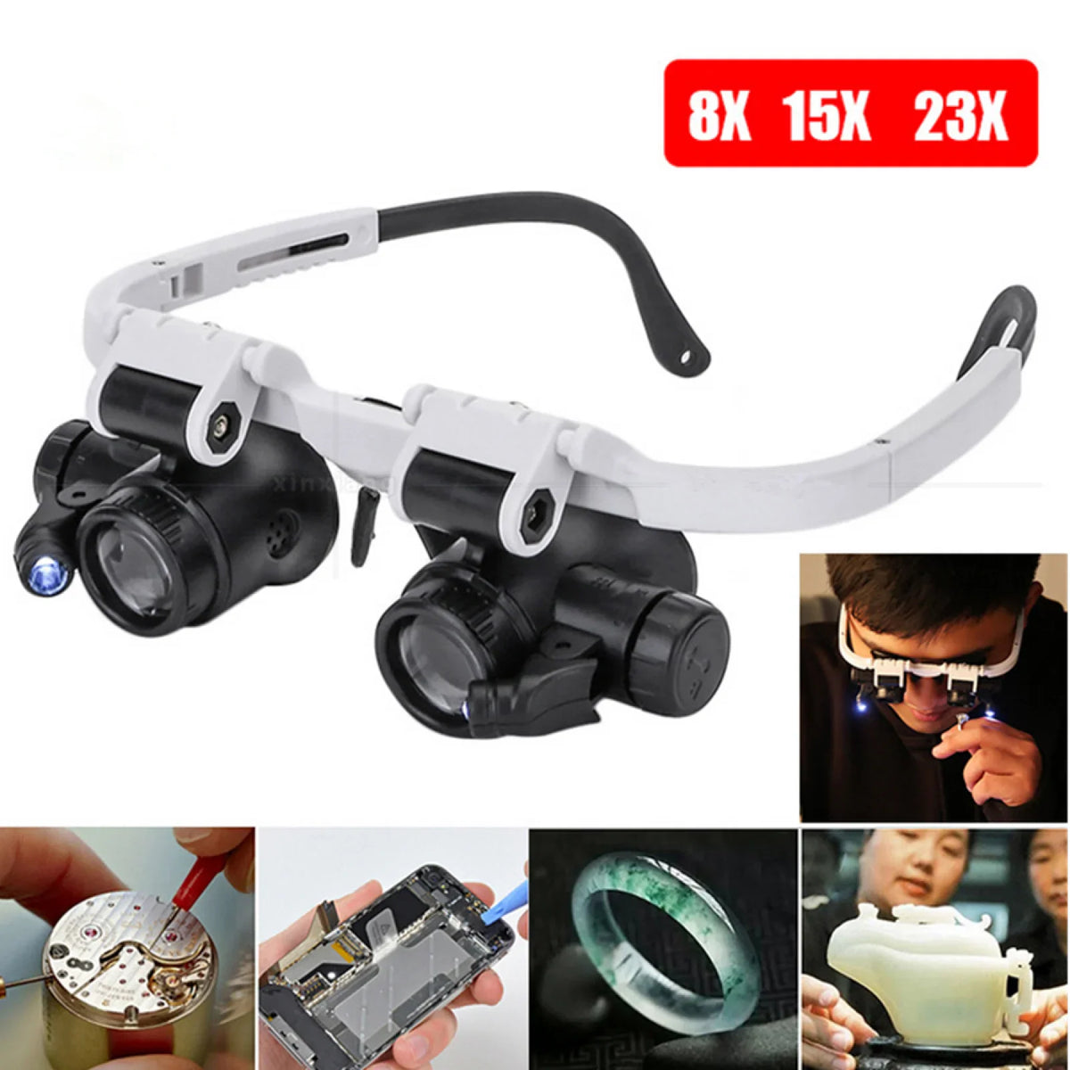 Head-mounted magnifier glasses with 8X, 15X, 23X magnification used for precision repair and jewelry work